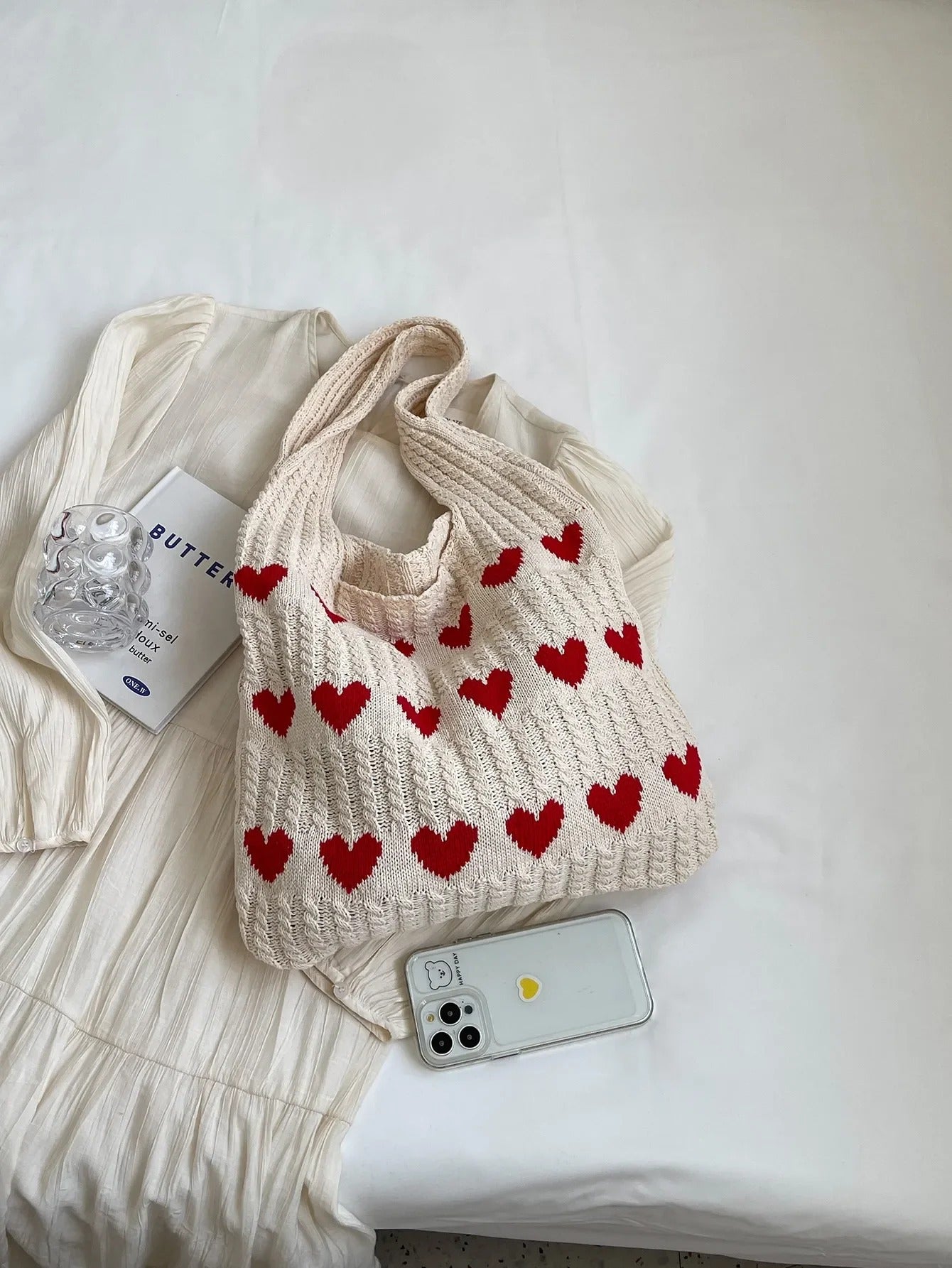 Cute Heart Crochet Tote Bag